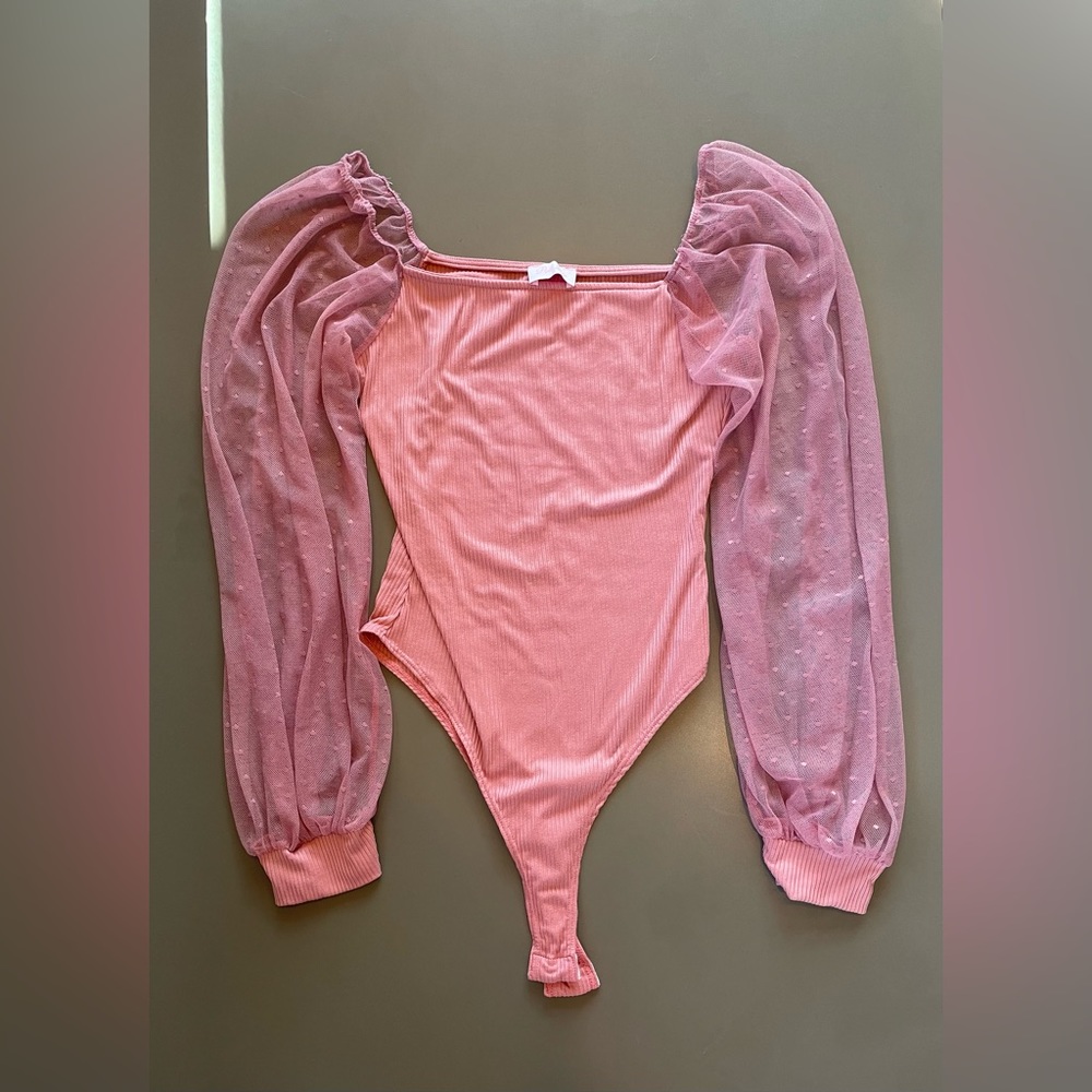 Pink Lily Simple Answer Pink Swiss Dot Ribbed Bodysuit